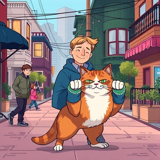 友善的Kit Kat貓咪在舊金山活力社區玩耍,受居民喜愛,背景有Waymo自動駕駛車,氛圍肅穆,反映社區的失落與悲傷