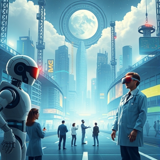 AI驅動的未來城市,機器人協助製造、醫師使用AI診斷、人們戴VR AR頭顯,連結5G IoT與智慧綠能科技