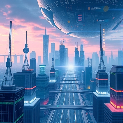 未來都市景觀中AI驅動機器人與智慧裝置，代表第四次工業革命、數兆美元成長與科技公司被低估的潛力