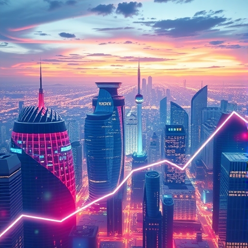 全球經濟中客戶、AI電路與金融圖表展示成長，科技與商業趨勢融合的未來城市景觀