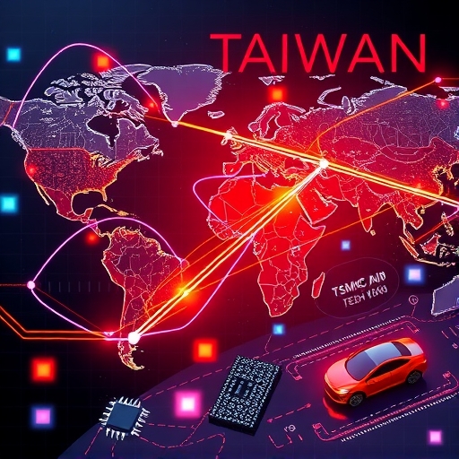 全球半導體產業地圖，台灣連結主要科技中心，展示台積電與聯發科的領導地位，周圍環繞<a href=