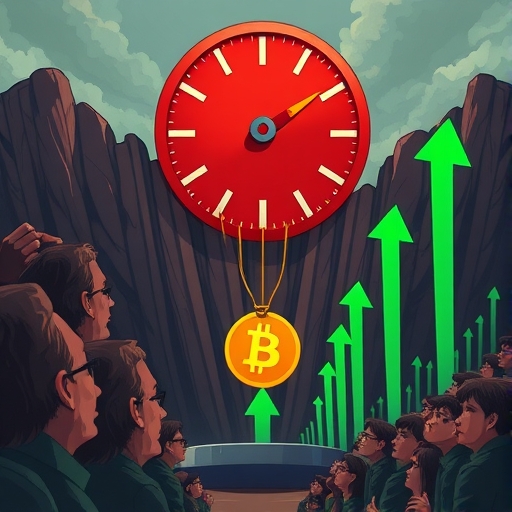 極度恐懼指數大尺度插圖，比特幣符號位於陡峽谷底部，綠色箭頭暗示上漲潛力，背景為恐慌投資者群眾