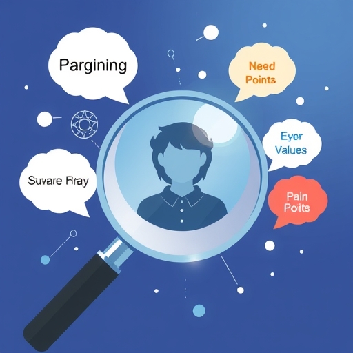 放大鏡檢視多樣買家角色，顯示需求與痛點，公司標誌放射核心價值與獨特賣點