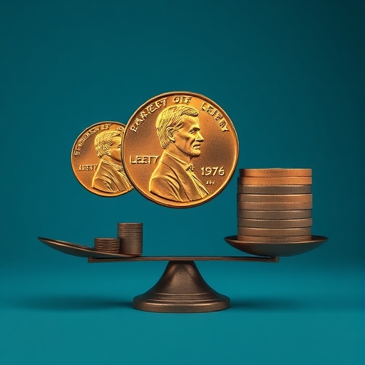 一分硬幣在天平上與其製造成本權衡,突顯經濟無效率與成本超支問題