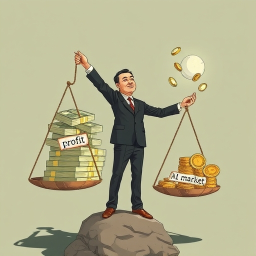 一位類似孫正義的人在秤上平衡，一邊堆滿標記利潤的金錢，另一邊是波動的AI市場泡沫，周圍有小晶片飛散