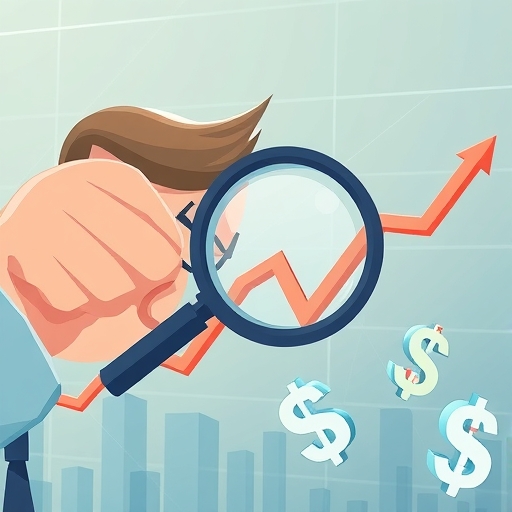 投資者用放大鏡檢查顯示急劇下跌與反彈箭頭的股票圖表,象徵動態金融市場中被低估股票的潛力