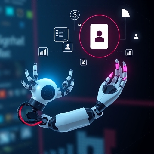 機器手臂協助人類行銷人員處理內容創作和數據分析,象徵AI與自動化在數位行銷中的角色