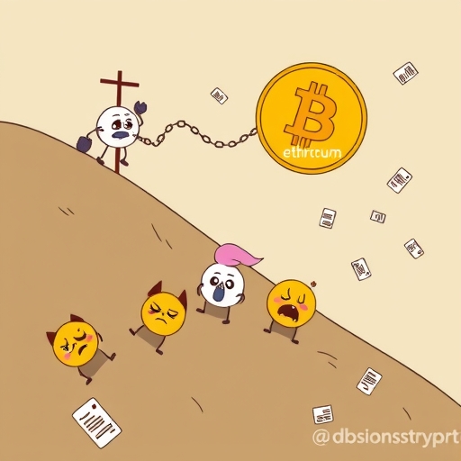 悲傷的 XRP、以太坊、狗狗幣加密角色跟隨更大的比特幣角色沿坡道下滑，XRP 周圍散落法律文件並以鏈條連接