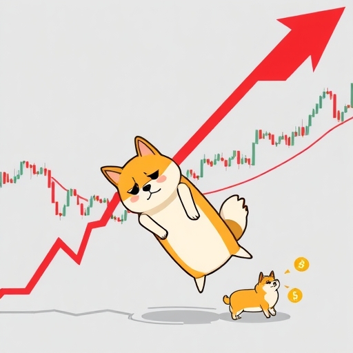 傷心的狗狗幣角色穿越多重斷裂支撐線的技術圖表插圖，骨牌效應影響其他替代幣，紅色向下箭頭主導