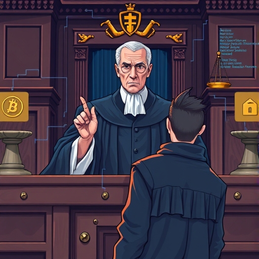 嚴肅法官在法庭上拒絕軟體開發者請求的插圖,周圍環繞區塊鏈元素和數位程式碼線,凸顯法律權威與去中心化科技的深刻衝突