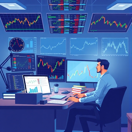 交易員在多螢幕前面對市場波動，由心理學家提供冷靜建議