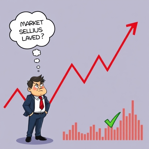 股票圖表顯示紅色下跌趨勢與RSI低於30的指標,配上沮喪投資人與壞消息氣泡,暗示恐慌拋售後的小綠箭頭反彈