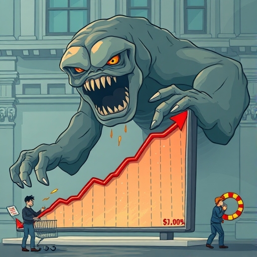 掙扎的消費類股圖表插圖，伴隨通膨怪物籠罩，顯示市場緊張與謹慎零售投資者