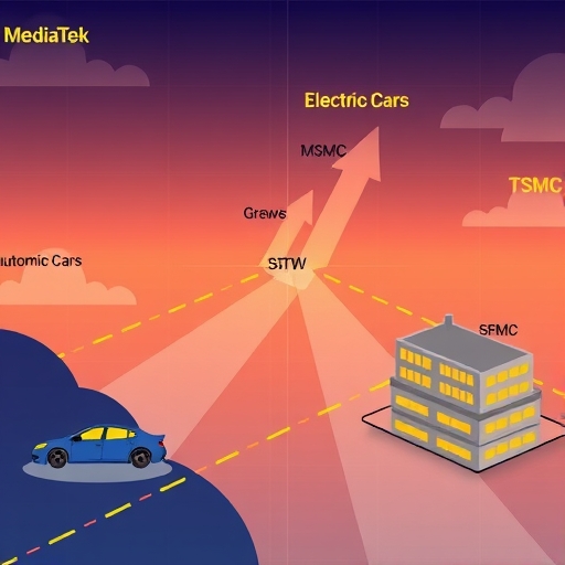 聯發科進軍汽車晶片市場的路線圖,伴隨台積電先進製程,強調創新與人才競爭,箭頭指向電動車與自動駕駛