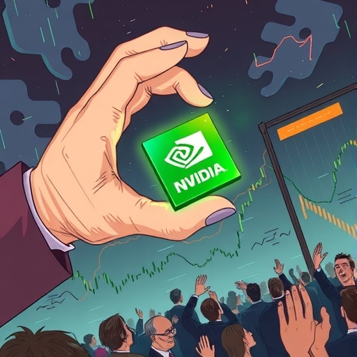 一雙標記軟銀的巨手將閃亮的NVIDIA晶片釋放到波動的市場中，周圍有下跌的股票圖表和憂心的群眾