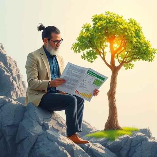 睿智投資人審視公司財務報告,強健樹木從岩石中生長象徵堅實基礎克服暫時挫折,光芒代表催化劑與正面市場情緒