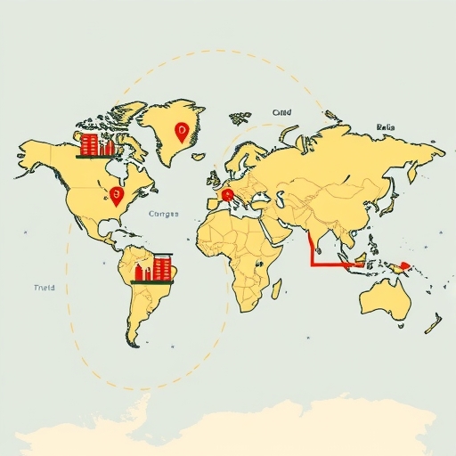 世界地圖顯示貿易路線因關稅壁壘中斷,伴隨經濟影響與產業保護象徵的全球貿易政策插圖