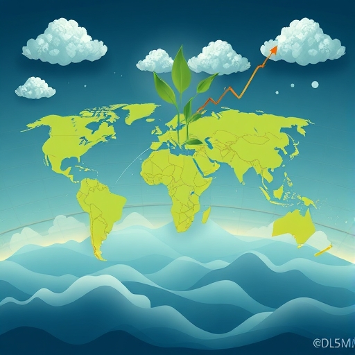 全球經濟復甦世界地圖,綠芽從各區域浮現,伴隨通膨雲層、地緣風險與上升趨勢圖表及貿易路線