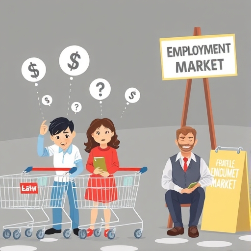 擔憂家庭與低消費者信心符號插圖，空蕩購物車與脆弱就業市場標誌下的疲憊工作者