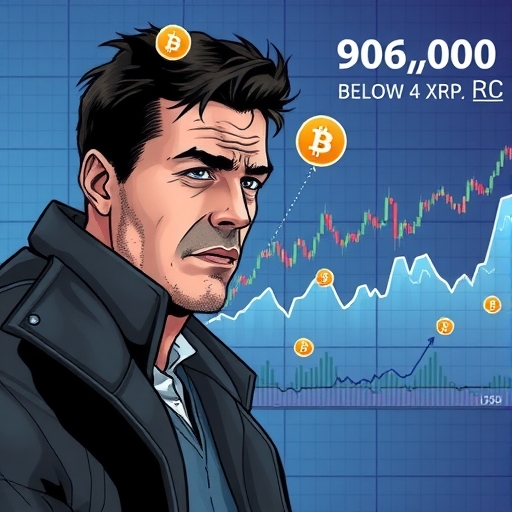 擔憂的投資者注視比特幣跌破90,000美元的加密貨幣圖表，XRP和其他山寨幣跟跌，熊市恐懼氛圍的數位景觀