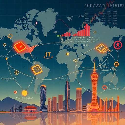 全球經濟景觀插圖，展示半導體、AI技術、股市圖表及台灣中心樞紐