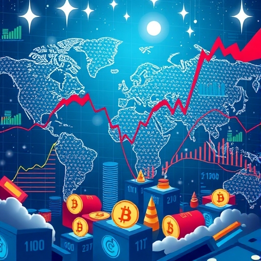 全球金融市場中加密貨幣、科技股與經濟政策交織的動態插圖