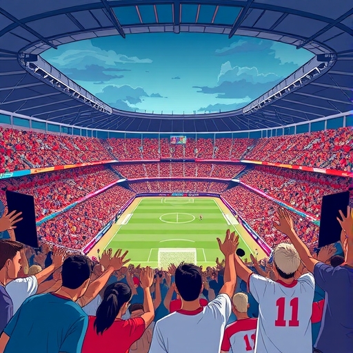 illustration of Angel City FC stadium packed with enthusiastic fans and celebrity investors like Serena Williams and Natalie Portman showing the teams success in attracting sponsors and building a loyal fanbase