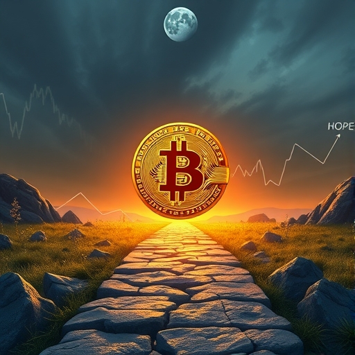 比特幣在十字路口插圖,一條路通往強勁上漲趨勢,另一條則是急劇下滑,展現投資者的希望與嚴重風險