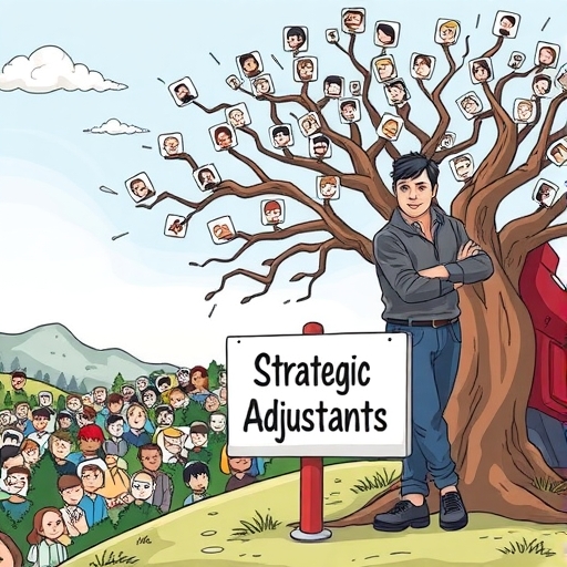 Eugen Rochko standing proudly beside a growing Mastodon network tree with user icons and strategic adjustment sign