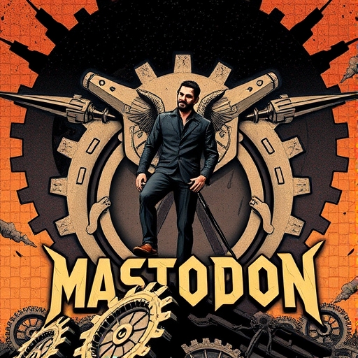 Eugen Rochko stepping down from Mastodon logo with background gears symbolizing organizational restructure