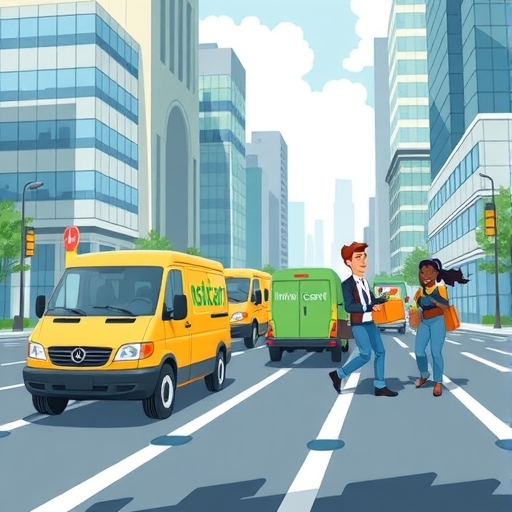 Instacart delivery vehicles in modern city with BMO analyst graphs