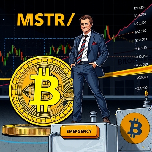 堅定的CEO Michael Saylor站在大型比特幣上,背景顯示MSTR股票價格與比特幣數據波動,並有標記為賣出比特幣的緊急按鈕