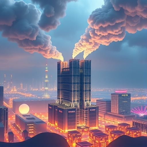 台積電巨型微晶片工廠插圖，代表全球半導體供應鏈中心，為AI晶片提供動力