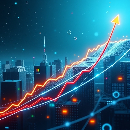 美國科技巨頭如輝達和微軟引領AI浪潮插圖，顯示發光神經網絡和上升股市圖表