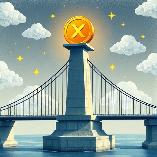 瑞波幣作為堅固支柱支撐跨境支付橋樑,周圍環繞法律文件和投資者信心象徵,背景為市場不確定性