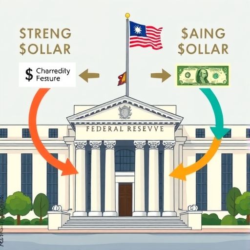 illustration of a Federal Reserve building with arrows showing currency flow between a strong dollar and a rising Taiwan dollar impacting foreign investment in a global economic landscape