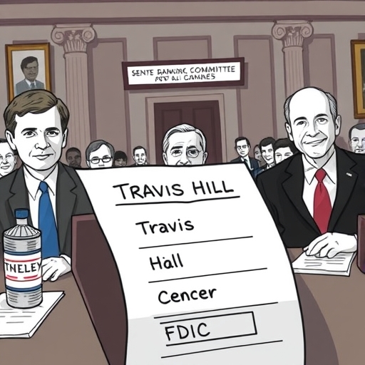 illustration of a Senate Banking Committee vote in progress with Travis Hill's name on a ballot signifying a crucial step towards FDIC board confirmation