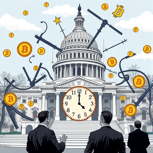 美國國會大廈周圍環繞著糾結的加密貨幣符號，一位困惑的國會議員注視著停滯的立法時鐘，前景中SEC與IRS官員積極運作