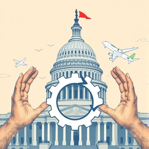 美國國會大廈圖像，兩手伸出重啟齒輪系統，象徵政府重開對加密貨幣、銀行和航空業的影響