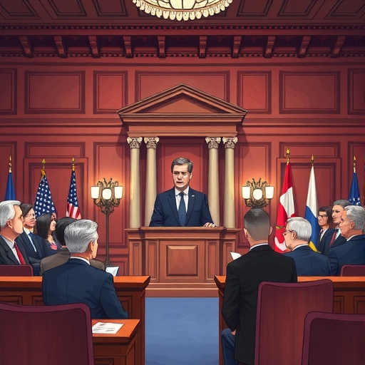 illustration of a US Congress chamber with senators debating a controversial nominee Travis Hill for the FDIC board representing widespread discussion