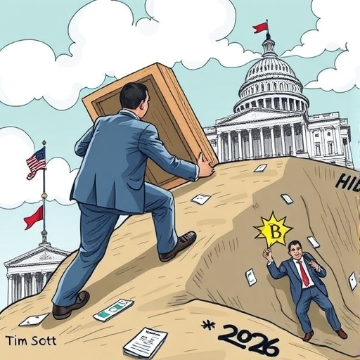 美國參議員提姆·史考特奮力推著沉重的加密貨幣法案上坡，遠方是2026年曆，背景中其他議員爭論不休象徵立法僵局