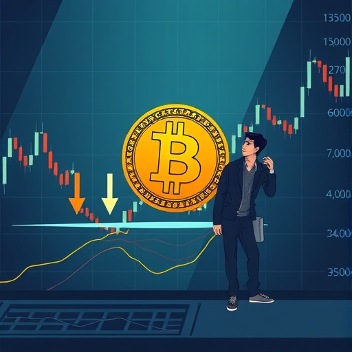 比特幣幣在關鍵支撐位測試的插圖,伴隨向下箭頭和觀察市場指標的交易者