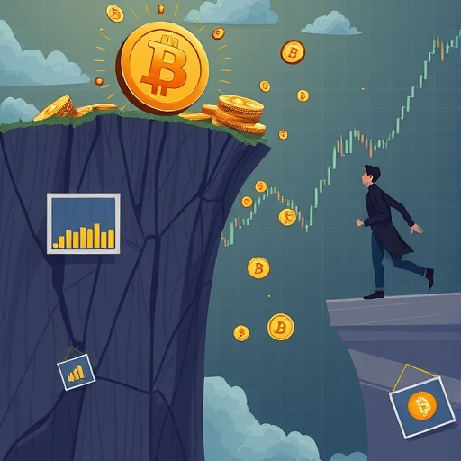 比特幣從高崖墜落,其他加密貨幣符號跟隨,數位圖表顯示急劇下降,擔憂的投資者觀望