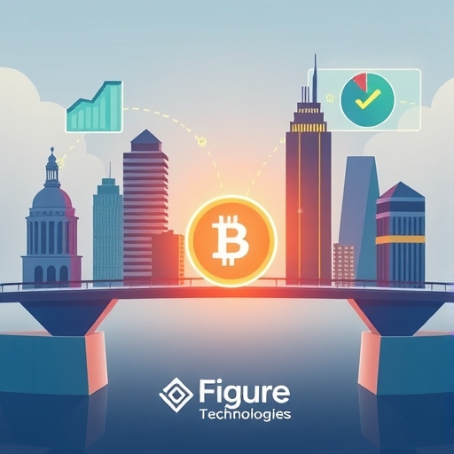由區塊鏈連結組成的橋樑連接傳統金融建築與未來數位資產符號，中心發光的USDF穩定幣和Figure Technologies標誌