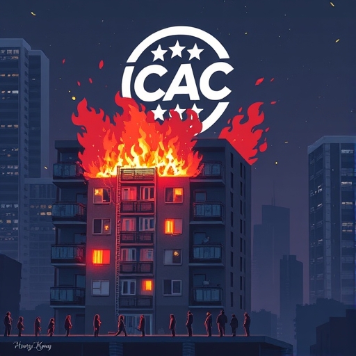 香港宏福苑大火夜晚景象，ICAC標誌懸浮上方，居民絕望仰望象徵貪腐與社會問題