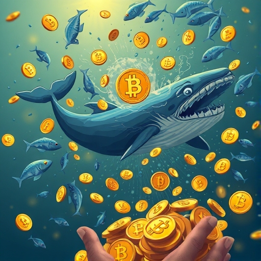 混亂的比特幣市場插圖，小魚恐慌，大鯨冷靜收集掉落的比特幣，象徵累積機會