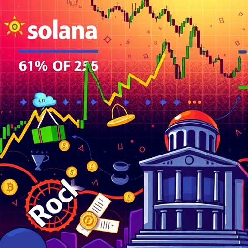 混亂的加密貨幣市場插圖,包含比特幣價格圖表、法律文件、Solana 標誌上升以及 Circle 建築代表成長與挑戰