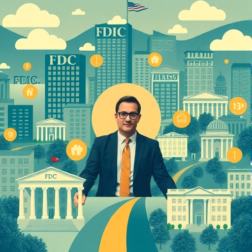 illustration of a complex regulatory landscape with FDIC buildings and a figure Travis Hill at the center symbolizing leadership change and banking industry focus