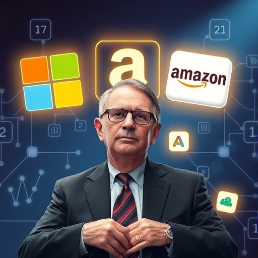 自信的Stanley Druckenmiller培育Microsoft、Amazon和Alphabet的巨型發光圖標，旁邊有Eli Lilly和Booking Holdings的小圖標，背景是<a href=