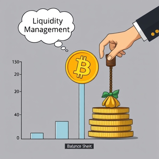 企業資產負債表顯示大型比特幣圖示與較小現金堆,一隻手拉動標記為流動性管理的槓桿,思想泡泡中箭頭指向下表示潛在保證金追繳